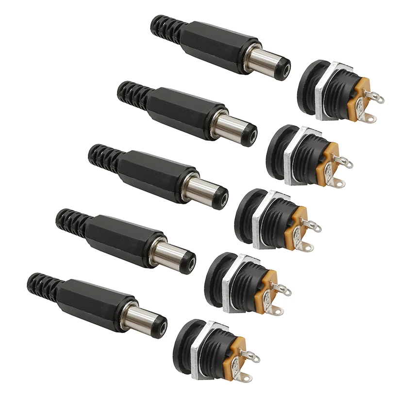 10PCS (5Pairs) 12V 3A 5.5 x 2.1mm Plastic Male Plugs DC022 DC Power Socket Female Jack Screw Nut Panel Mount Connector 5.5*2.1MM