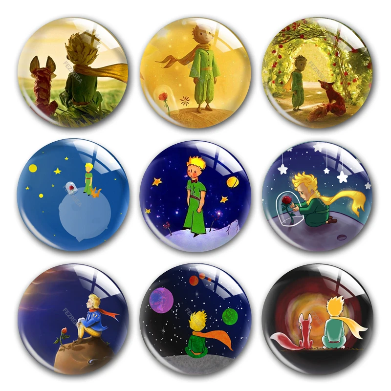 The Little Prince glass cabochon, Round photo The Little Prince Rose Fox Planets glass cabochon demo flat back Making findings.