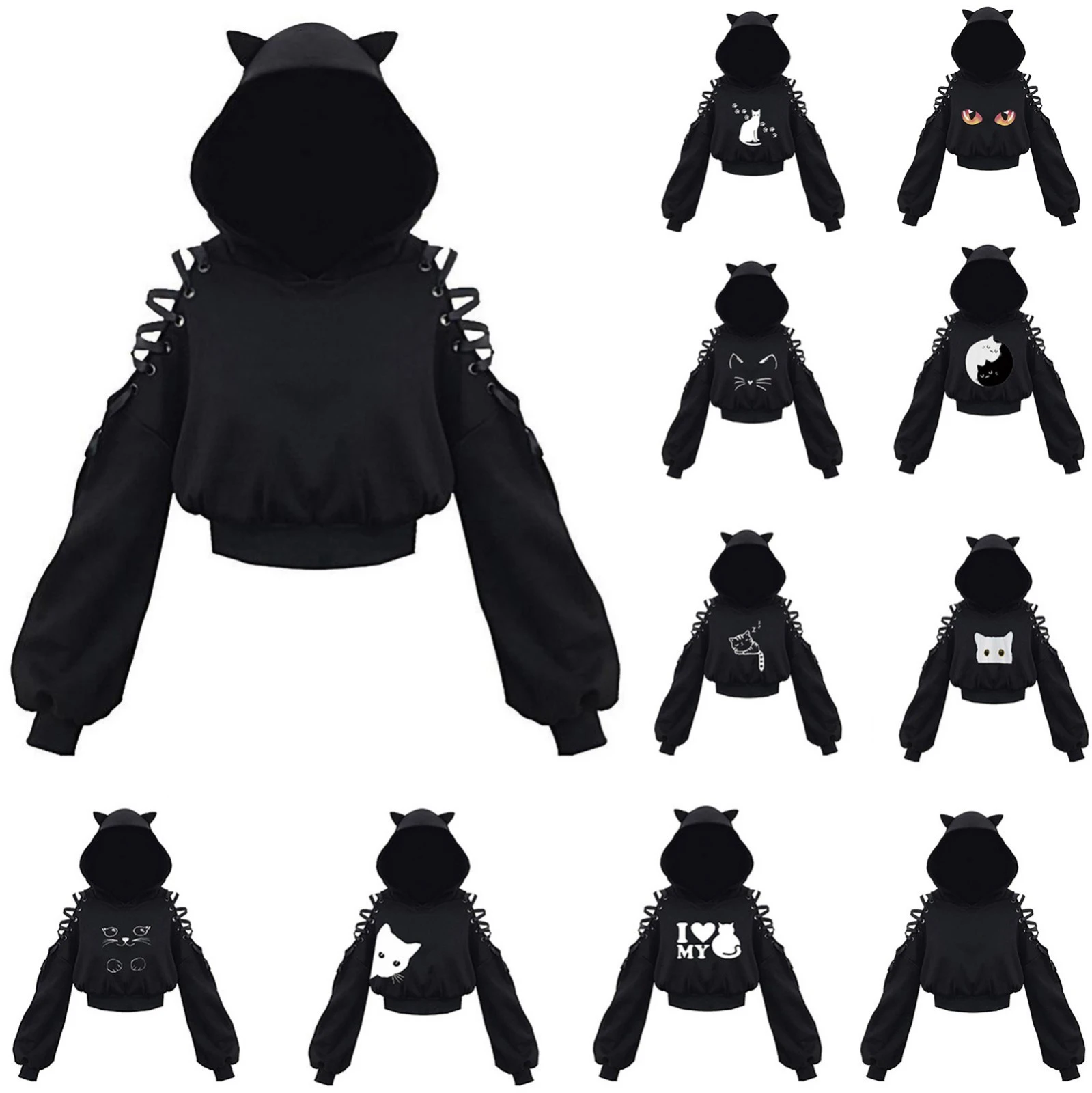 Gothic Women Sweatshirt Women's Cat Ear Long Sleeve Hoodie Pullover Long Sleeve Hooded Sweatshirt Cute Blouse Толстовка @40