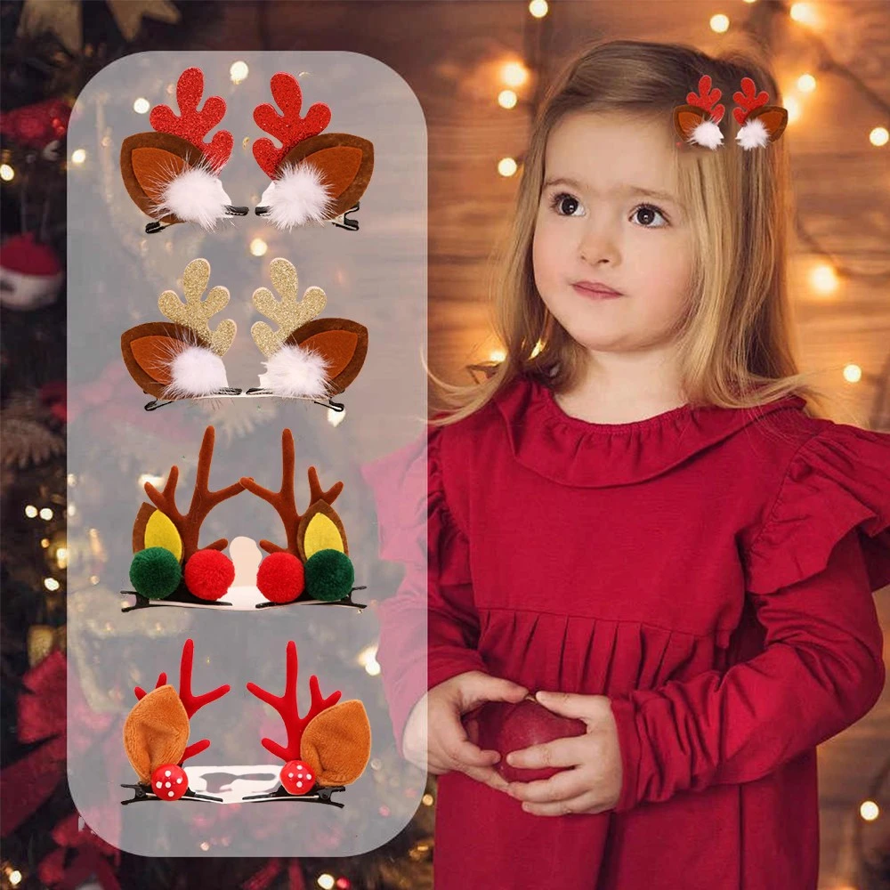 2pcs Cute Deer Ear Hairpins Christmas Barrettes Hair Decorationd Beautiful Deer Antlers Hair Clips Hair Accessories Girls Gift