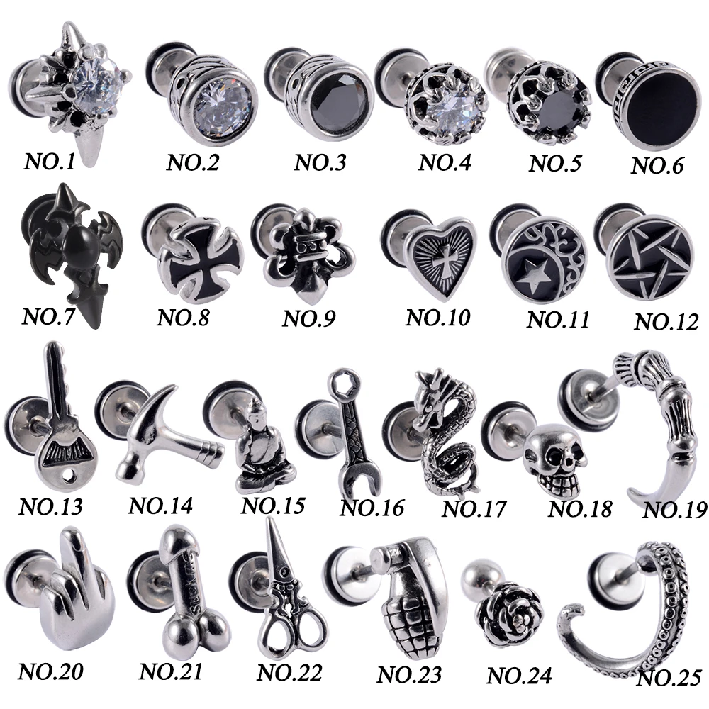 1Pair Punk Gothic Earrings Surgical Steel Retro Ear Studs Tragus Helix Cartilage Lobe Women Fashion Man Body Piercing Jewelry