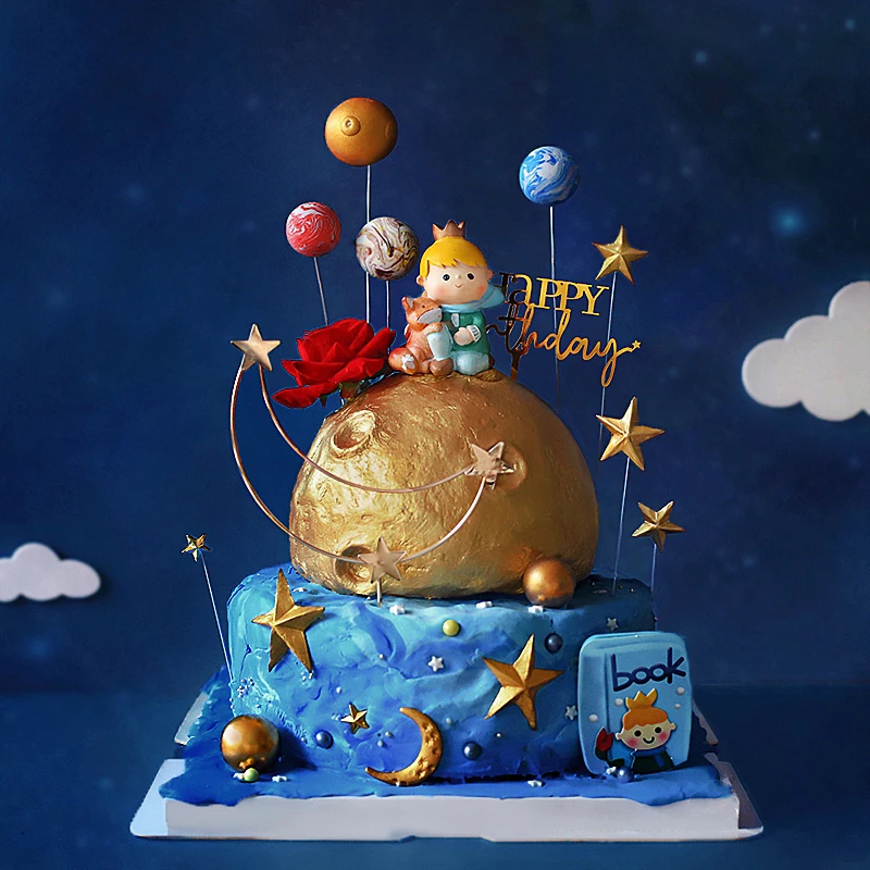 Universe Stars Rose Prince Fox Cake Topper for Boy's Birthday Party Decoration Baking Suplies Child Kid Boy love Gifts