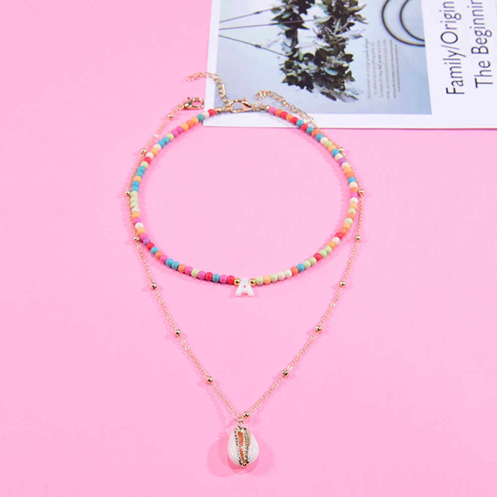 2Pcs/Lot Bohemian Colorful Shell Initial Letters Beaded Necklace Shells Pendant Chain Around the Neck Female Boho Jewelry 2021