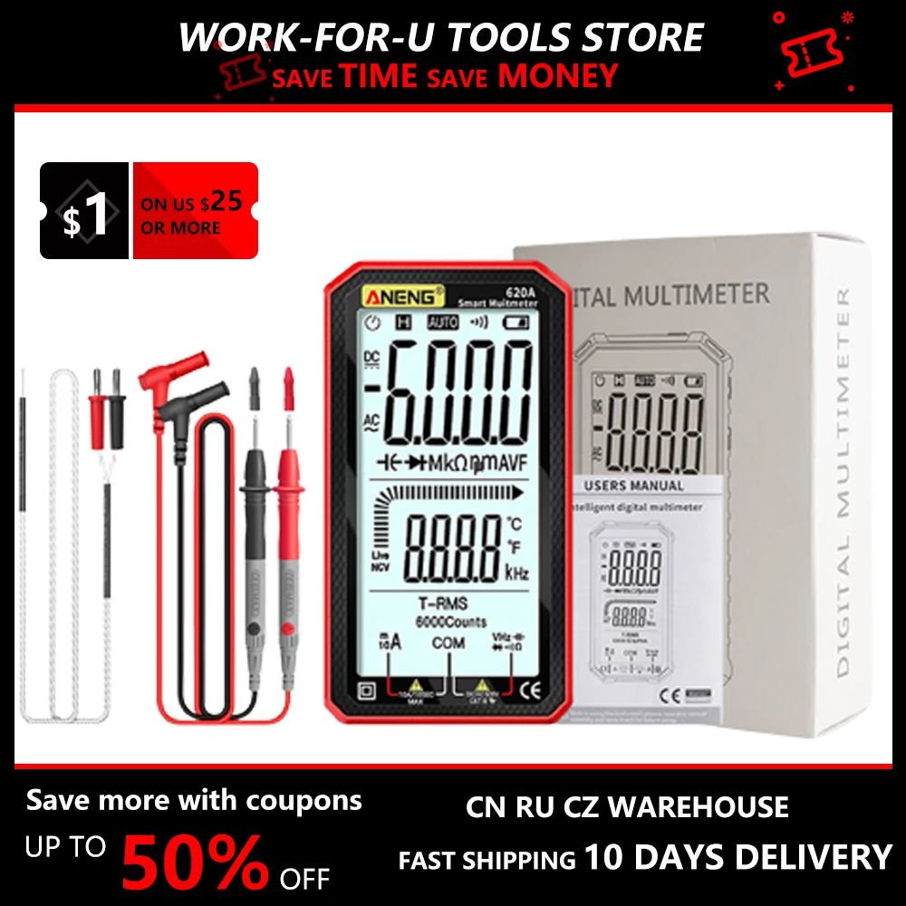 ANENG 620A Digital Multimeter True-RMS Multimeter Auto-Ranging Multi Tester with Amp Volt Ohm Capacitance Continuity