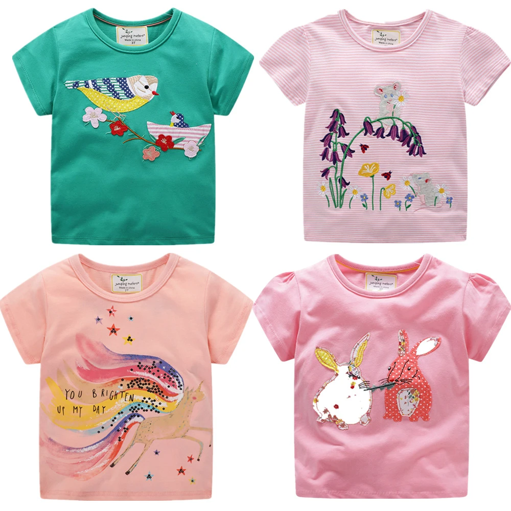 Brand New Latest 2021 Summer Baby Girls Clothes Short Sleeve O-neck t Shirt Embroidery Cartoon Rabbit Bird Tee Tops for girls