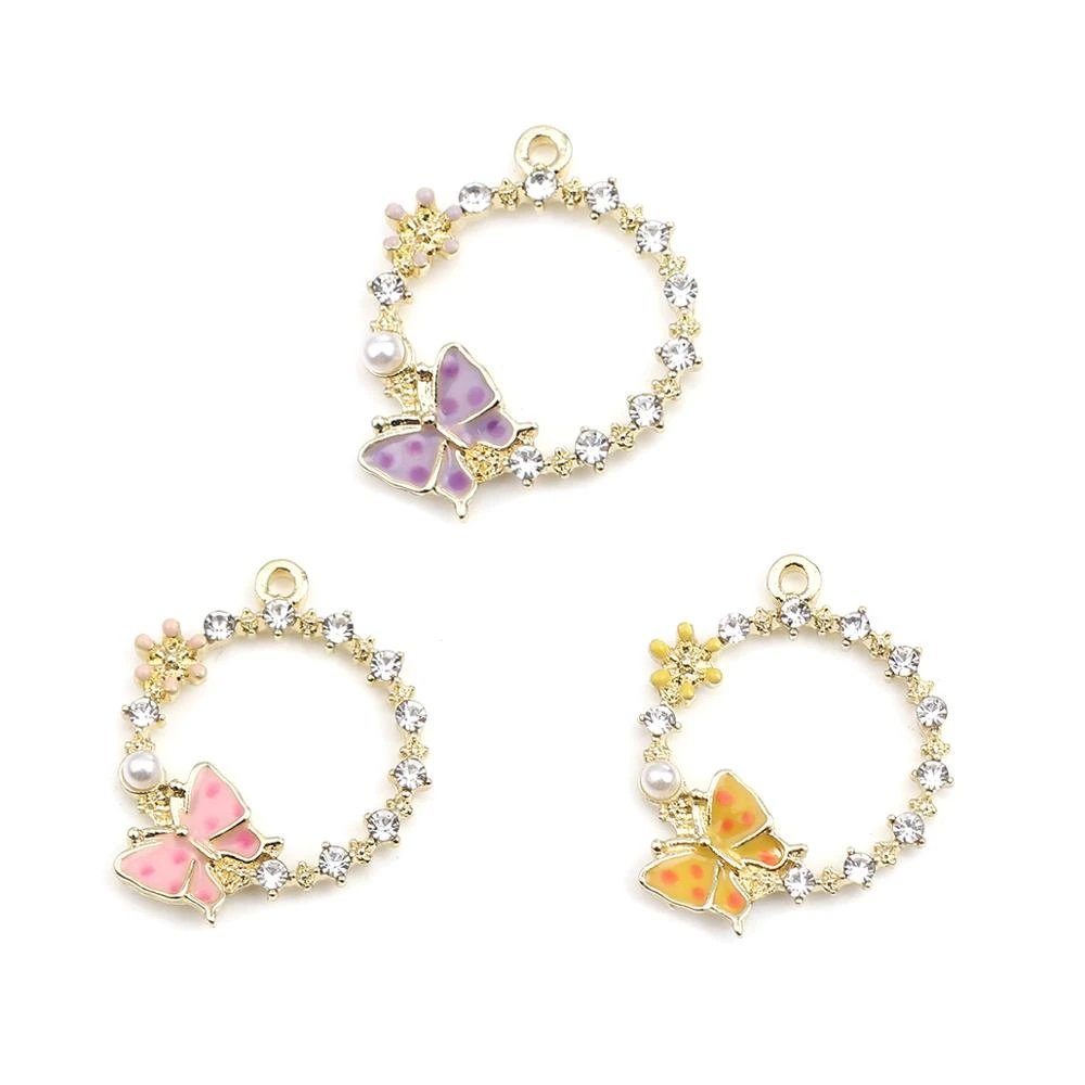 Doreen Box Sweet Butterfly Circle Ring Charms Pendants Gold Plated Clear Rhinestone Pendnts for DIY Jewelry 24mm x 20mm, 5 PCs