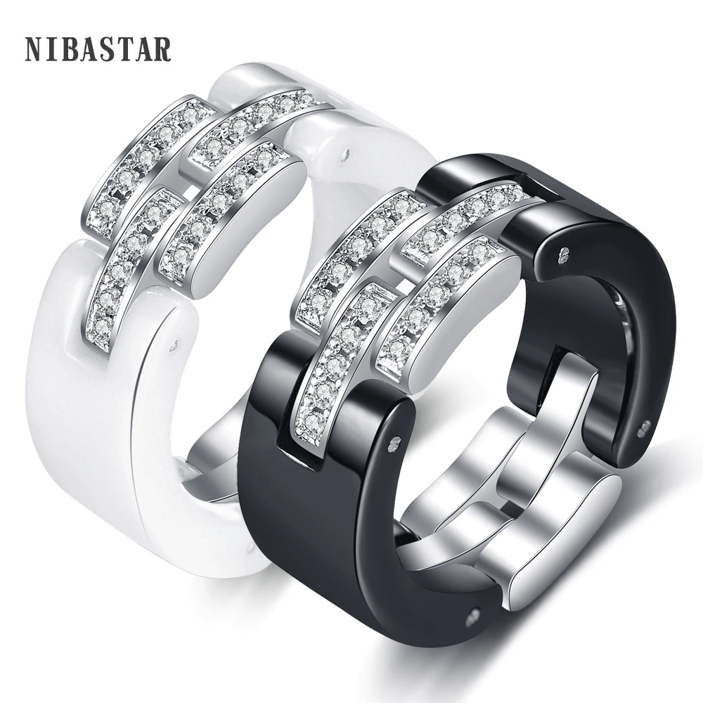 Brand Design Wedding Rings Middle Layer flexible  White Black Ceramic Rings With Zircon for Wedding Women Girls Gift
