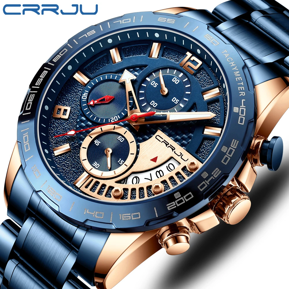 Mens Watches CRRJU Fashion Stainless Steel Business Watch Luxury Luminous Waterproof Chronograph Quartz Watch Relogio Masculino