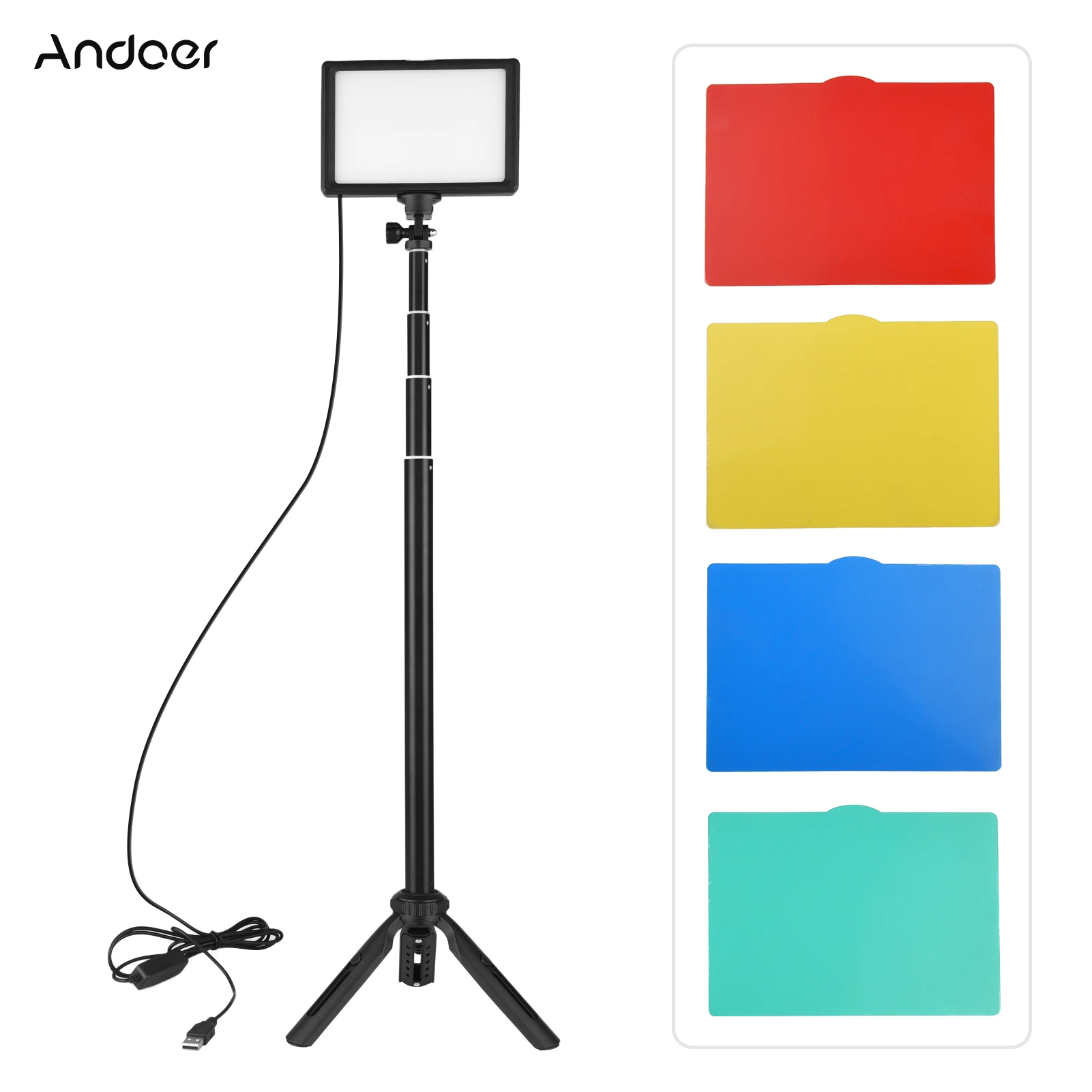 Andoer USB LED Video Light Kit Photography Lighting 3200K-5600K 14-level Dimmable with 148cm/58in Adjustable Height Tripod Stand