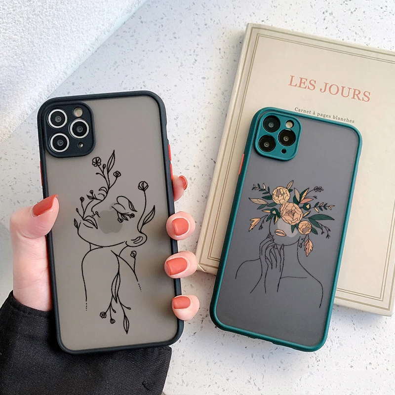 Line Art Sketch Flower Girl Protection Phone Case For iPhone X XS XR SE 2 12 11 Pro MAX Mini 6s 7 8 Plus Hard Translucent Cover