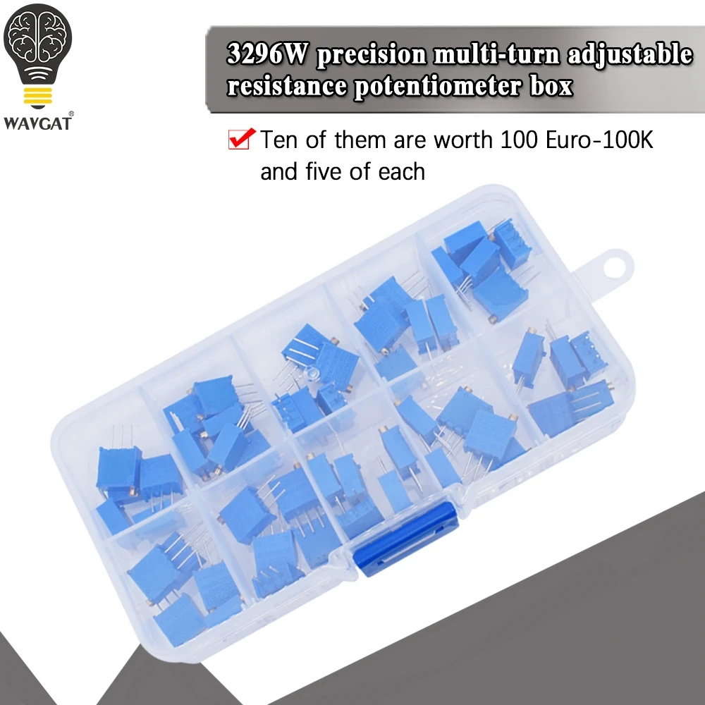 McIgIcM 50Pcs/Lot 3296W Multiturn Trimmer Potentiometer Kit High Precision 3296 Variable Resistor 500R 1K 2K 5K 10K 20K 50K 100K