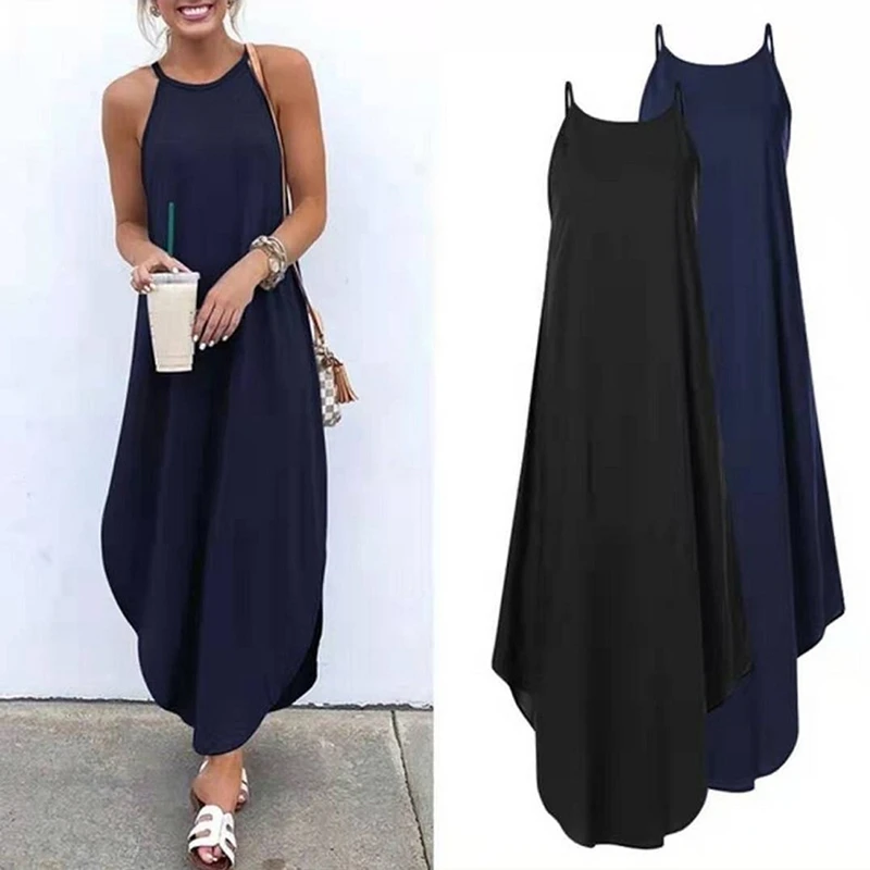 Women Dress Summer 2021 Casual Sleeveless Retro Halter Solid Beach Long Dress Round Neck Sling Fashion Beach Clothes Plus Size