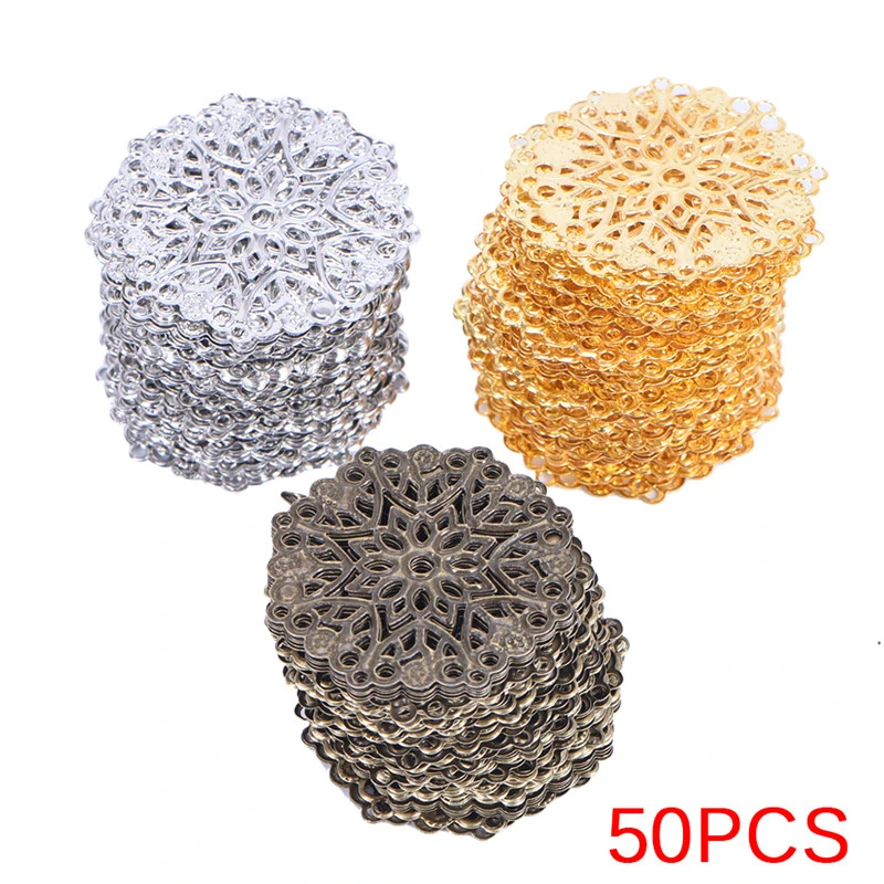 50 PCs Doreen Box Filigree Flower Wraps Connectors Iron Alloy Bronze Tone Color For DIY Jewelry Making Findings 35mm Hole:1mm
