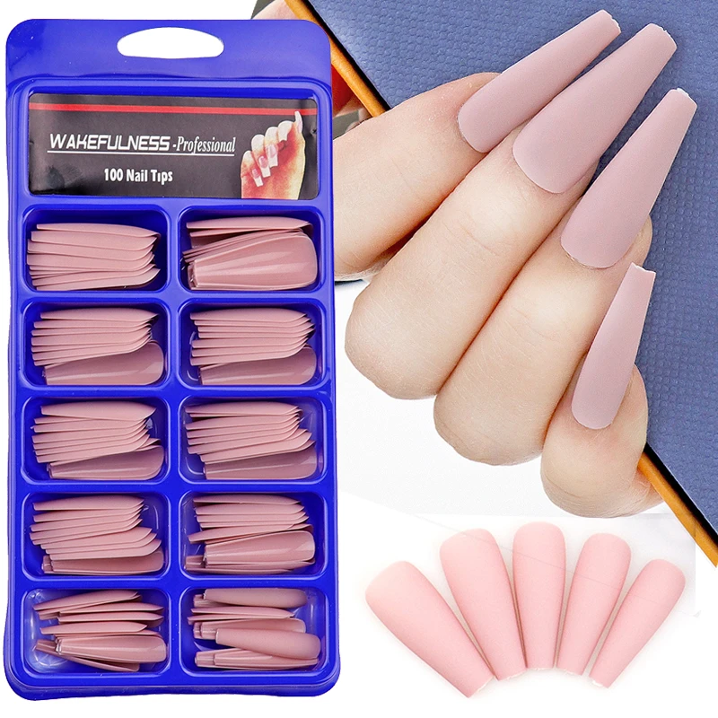 WAKEFULNESS 100Pcs/Set Matte Fake Nail Art Tips Long Ballerina Coffin Nails ABS Full Cover Fasle Nails Tools Manicure