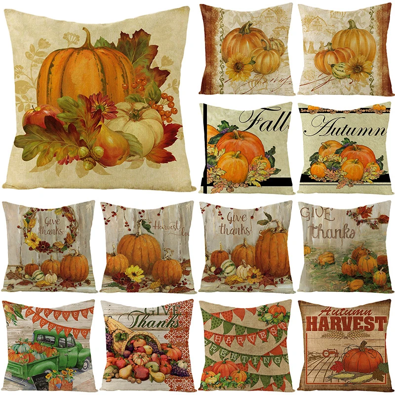 Autumn Throw Pillow Covers Thanksgiving Day Decorative Pumpkin Cushion Cover 18x18 Inches Fall Harvest Printed Linen Pillowcase