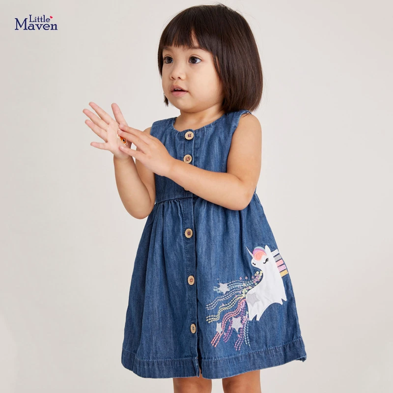 Little Maven 2021 Summer Baby Girl Clothes Children Unicorn Denim Color Sundress Pinafore Sleeveless Dress for Kids 2-7 Years