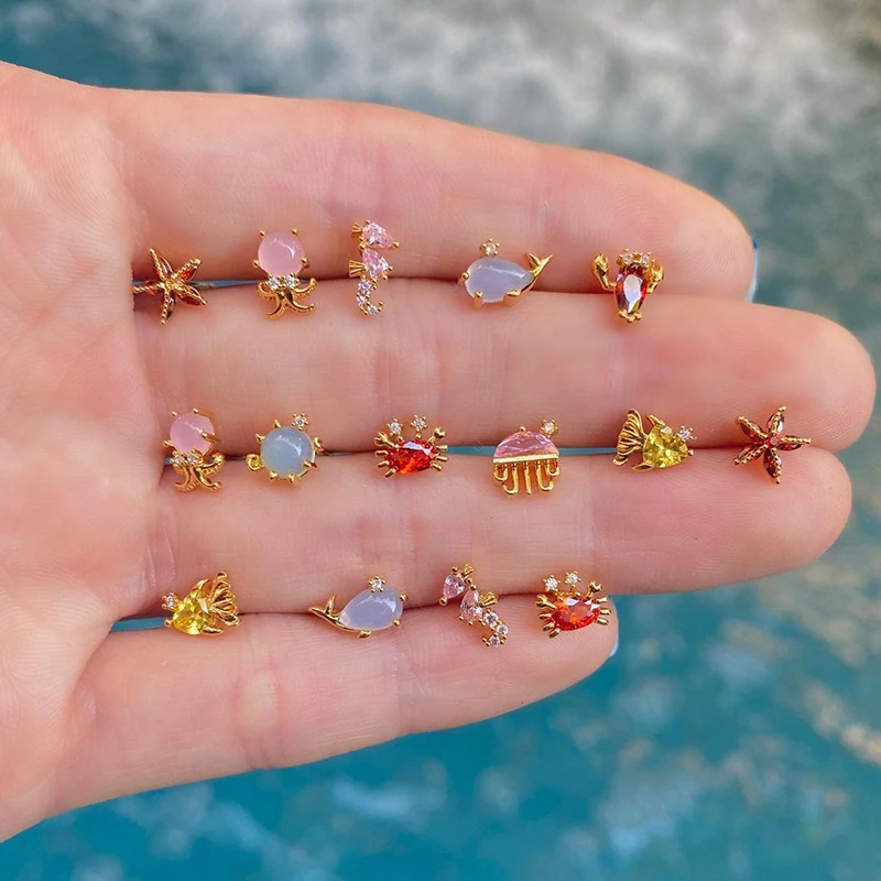 Aide S925 Silver Colorful Earrings For Women Summer Starfish Octopus Crystal CZ Stud Earings Girl's Gift Helix Piercing Earrings