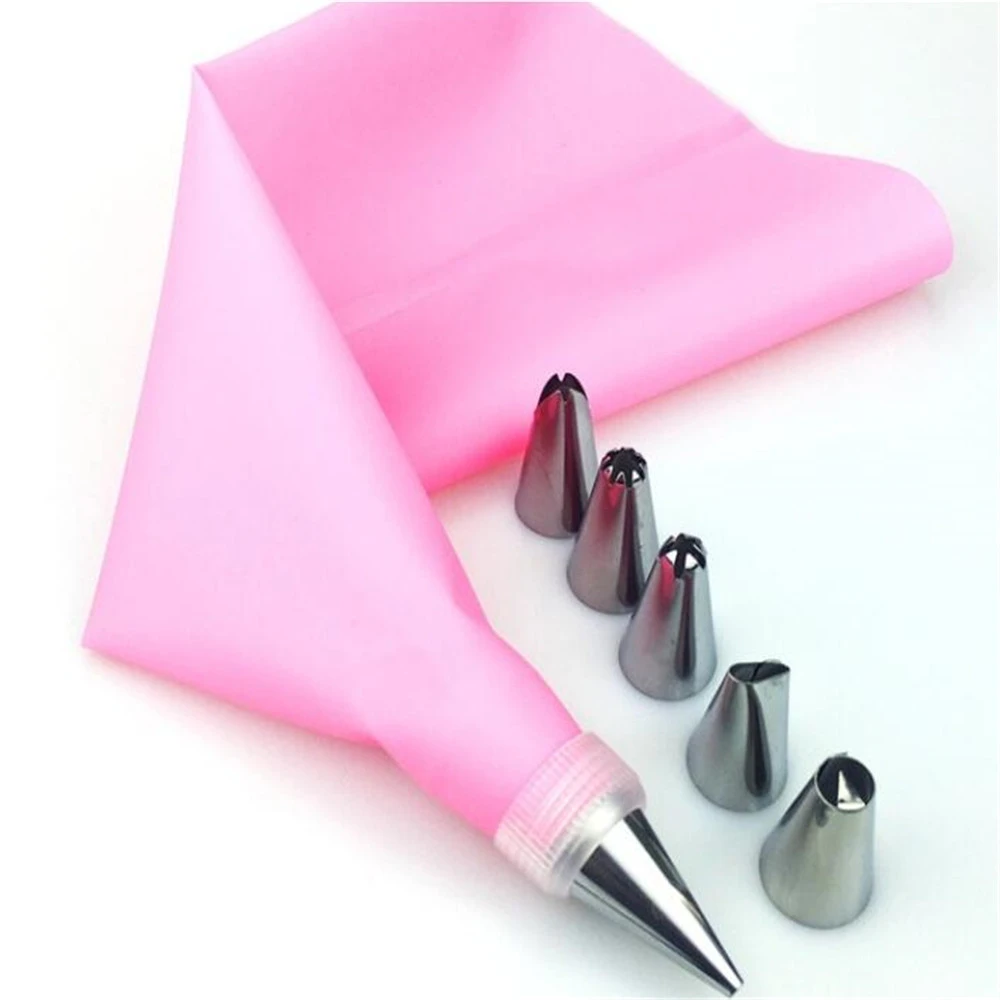 8Pcs/Set Silicone Kitchen Accessories Icing Piping Cream Pastry Bag 6 Stainless Steel Nozzle Set DIY Cake Decorating Tips Set