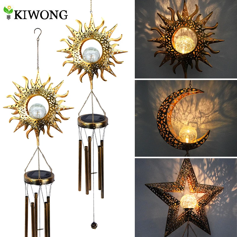 Wind Chimes Solar Lights Outdoor Waterproof Hanging Aeolian bells Solar Lamp With Moon Star Sun Shape For Party Garden Festival