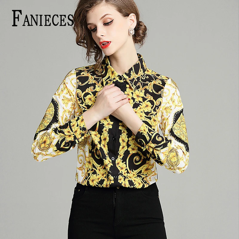 2021 Summer Women Slim Blouses Tops Baroque Print Runway Long Sleeve Shirt Ladies Collar Elegant Vintage Office Shirts Work Wear