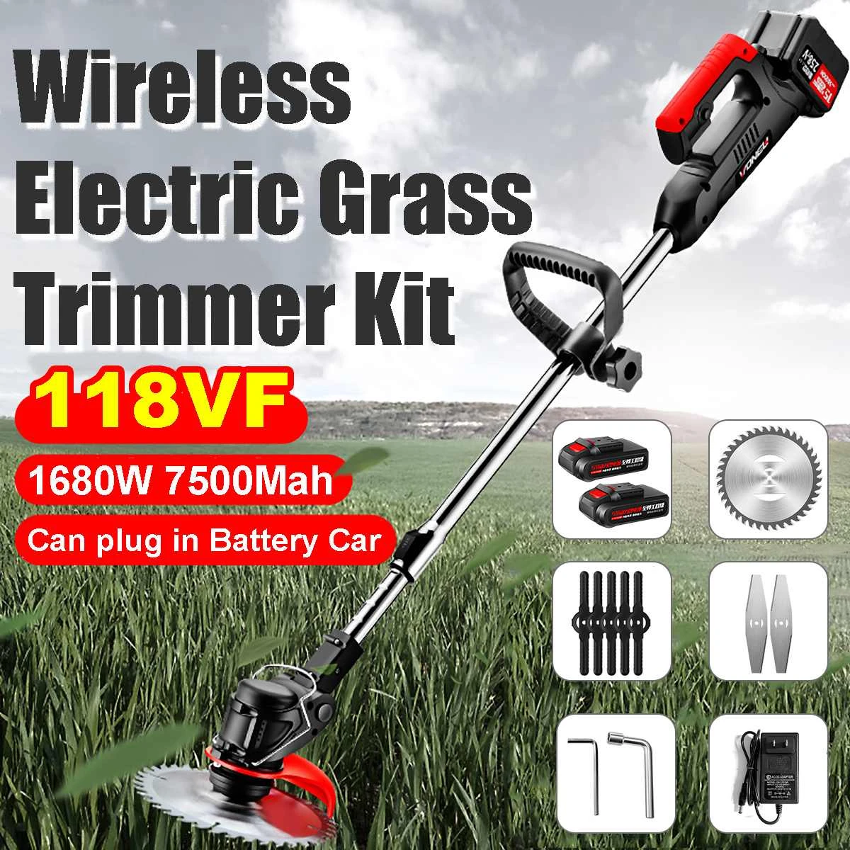 Electric Lawn Mower Cordless Grass Trimmer Adjustable Lawn Mower Pruning Cutter Garden Tool 7500mAh 2Pcs Battery