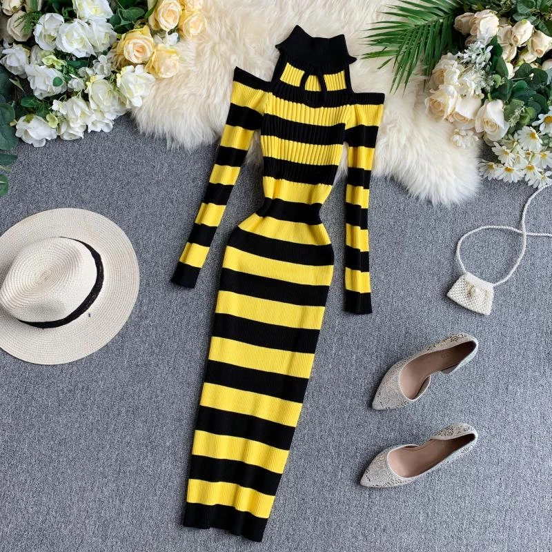 Retro Turtleneck Slim Striped Print Autumn Winter Bodycon Knit Sweater Midi Dress Off Shoulder Women Casual Long Sleeve Vestidos