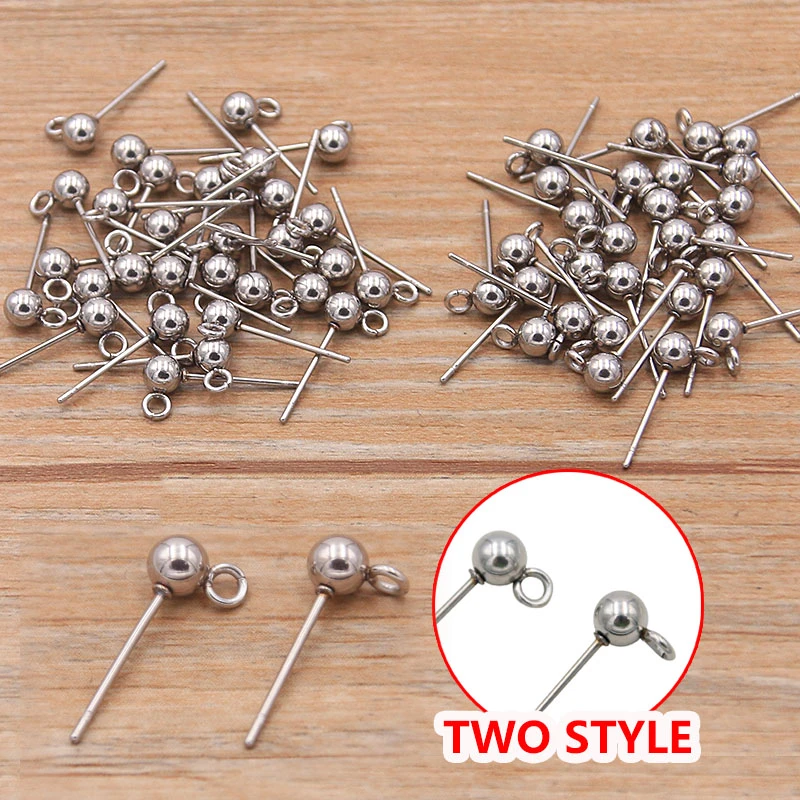 PULCHRITUDE 50Pcs 2 Styles 5*15mm stainless steel Blank Earring Round Ball Flat Charm Setting Supplies For Jewelry Making