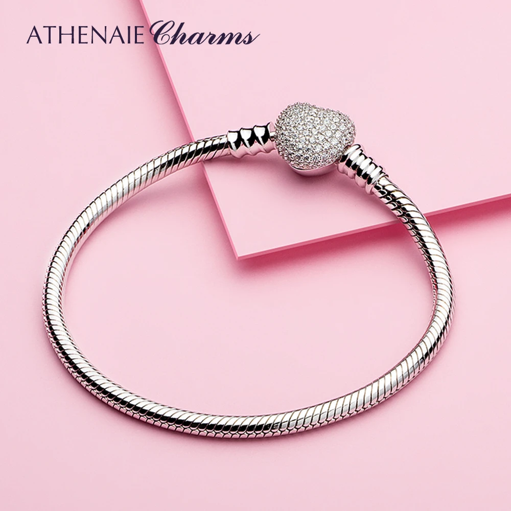 ATHENAIE 925 Sterling Silver Snake Chain With Pave Clear CZ Heart Clasp Bracelet Fit All European Charm Beads Valentine' Jewelry