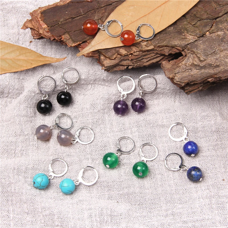 Minimalist natural 10mm lapis lazuli  Amethysts agates stone beads earrings blue red green black stone charm earrings  jewelry
