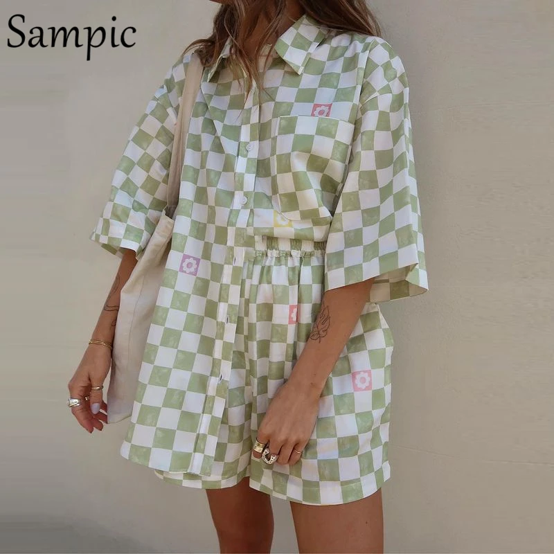 Sampic Casual Women Lounge Wear Summer Plaid Tracksuit Shorts Set Short Sleeve Shirt Tops And Mini Shorts Suit Two Piece Set