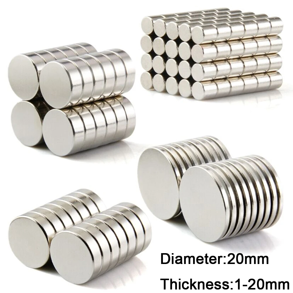 10pcs 20mm Diameter Round Rare Earth Magnets 1/1.5/2/3/4/5/6/8/10/15/20mm Thick Neodymium Strong Crafts Permanent Magnet N35