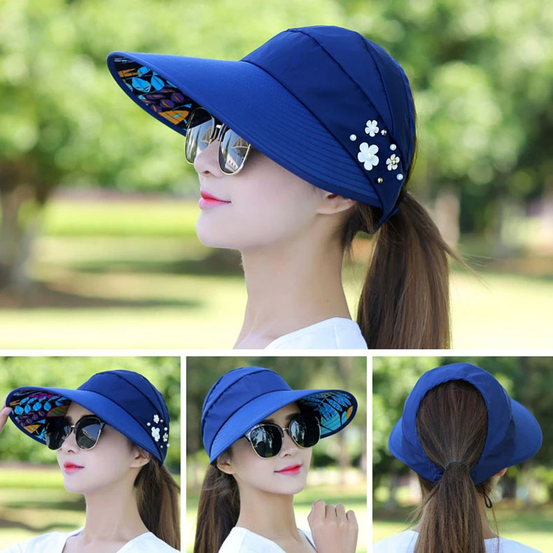 Summer Hats For Women Foldable Sun Hat Pearl Flower Visor Suncreen Floppy Cap Female Outdoor Casual Baseball Cap