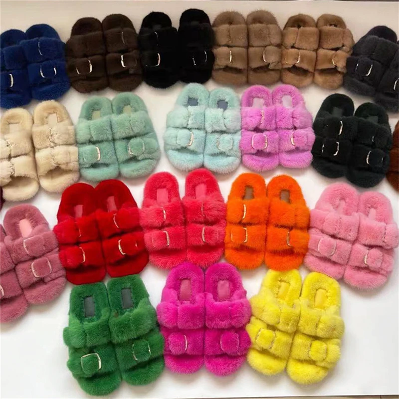 Slippers Ladies Summer Fluffy Mink Fur Slippers 100% Mink Fur Slippers Ladies Sandals 2021 Home Slippers Girls Outdoor Slippers