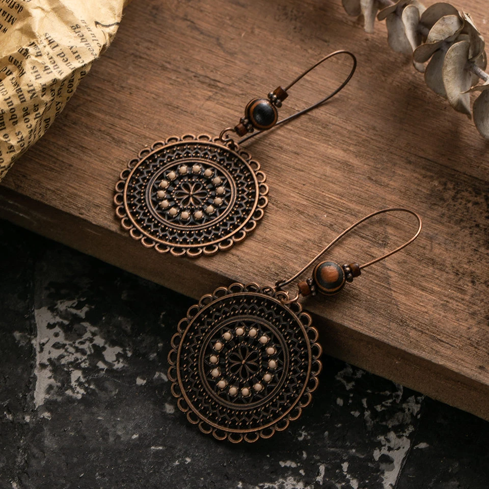 Vintage Hollow Ethnic Round Suspension Hanging Earrings For Women Female's Drop Ear Ornaments Wedding Jewelry Accessories Gifts