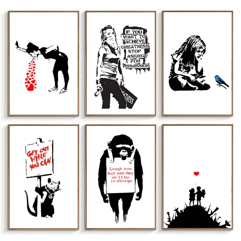 Banksy Graffiti Art Pictures Abstract Canvas Painting Black White Wall Art Posters and Prints Modern Living Room Home Decor