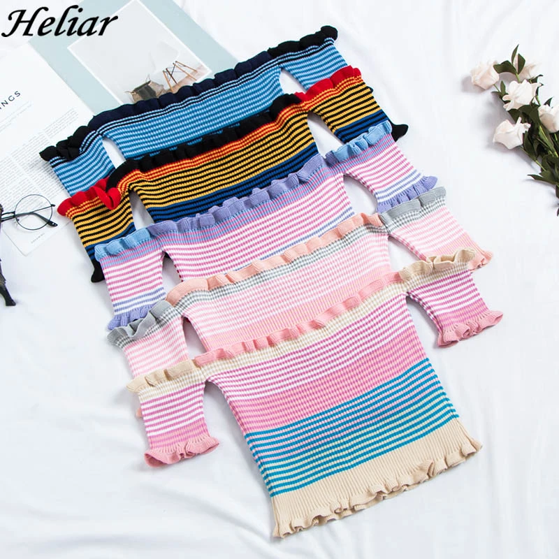 HELIAR Women Rainbow Stripes Tops Female Off Shoulder Tops Women's Clothing Ruffles Hem Tees Lady Sexy Tops For Women T-Shirts