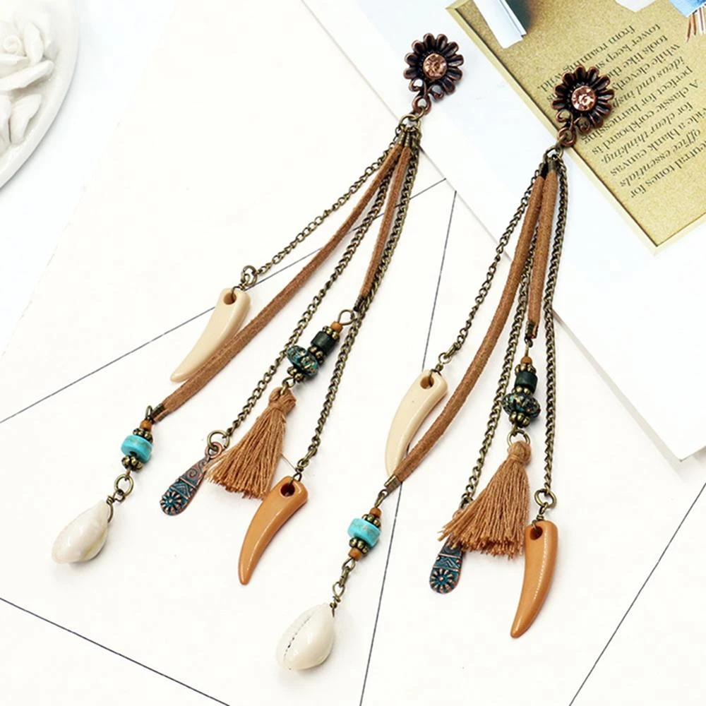 Women Fashion Bohemian Shell pendant Earrings Vintage Long Tassel Fringe Boho Dangle Earrings Morocco Turkish Earings Jewelry