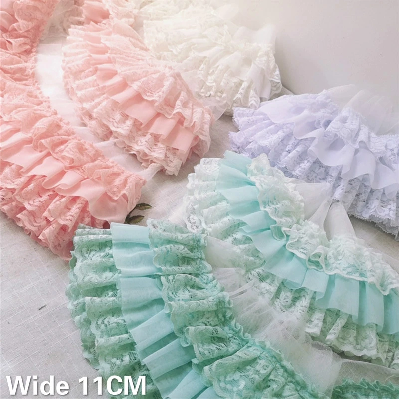 11CM Wide Three Layers Pleated Chiffon Fabric Guipure Lace Embroidery Fringe Ribbon Ruffle Trim Dolls Clothes Dress Sewing Decor