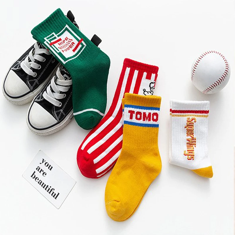 Socks Cotton Kids Children Spring Autumn Girls Tomo Hope Toddlers Boys Sports Strips Letters Green Yellow 4 Pairs SandQ Baby New