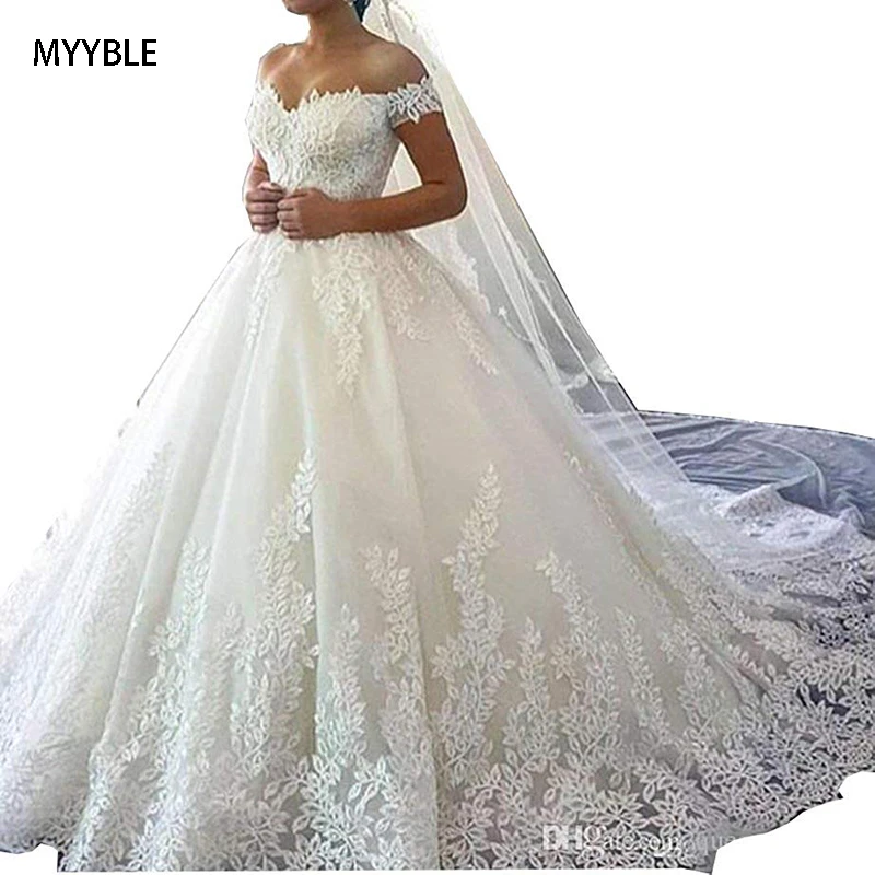 2021 MYYBLE White Off the Shoulder Vestido De Noiva Wedding Dress Train Custom-made Plus Size Bridal Tulle Mariage boho