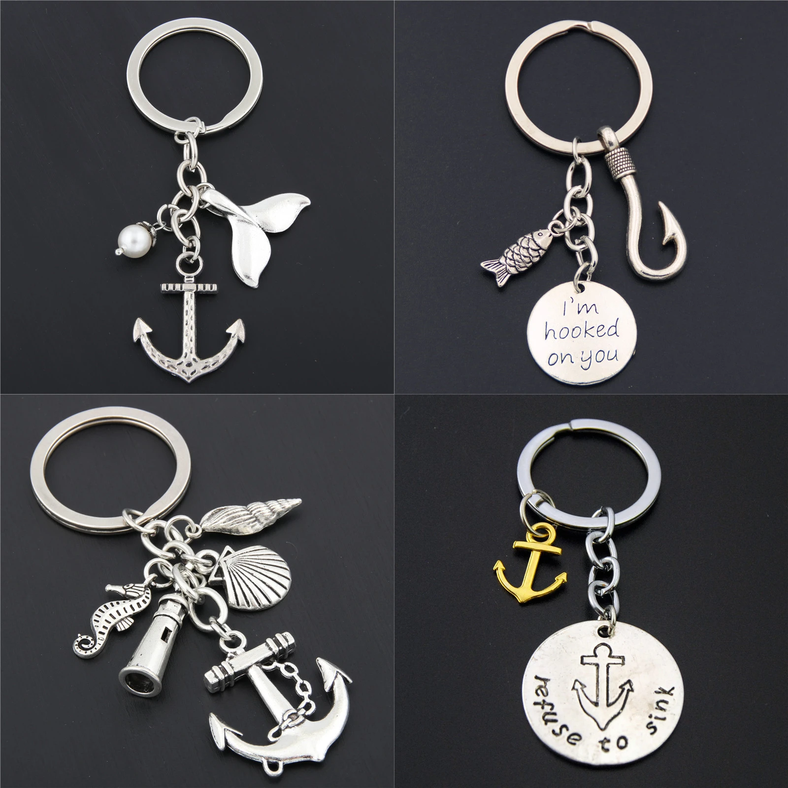 1pc Fish Hook Fishing Keychains Beach Fish Keyring Anchor Lighthouse Charms Summer Jewelry Gift