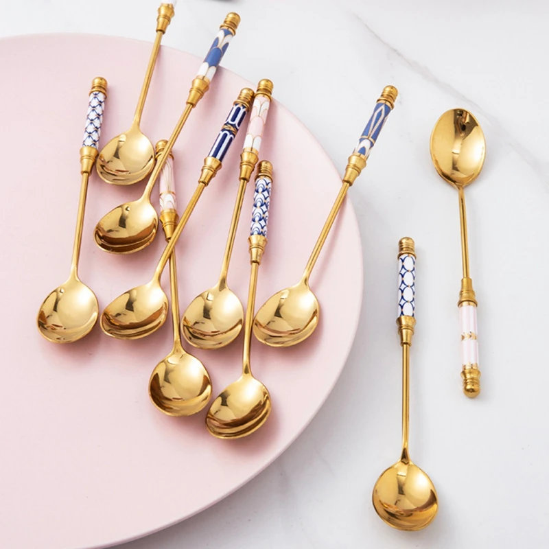 Kitchen Dessert Spoon Stainless Steel Coffee Milk Spoon With Ceramic Long Handle Spoon Gold-plated Dessert Spoon