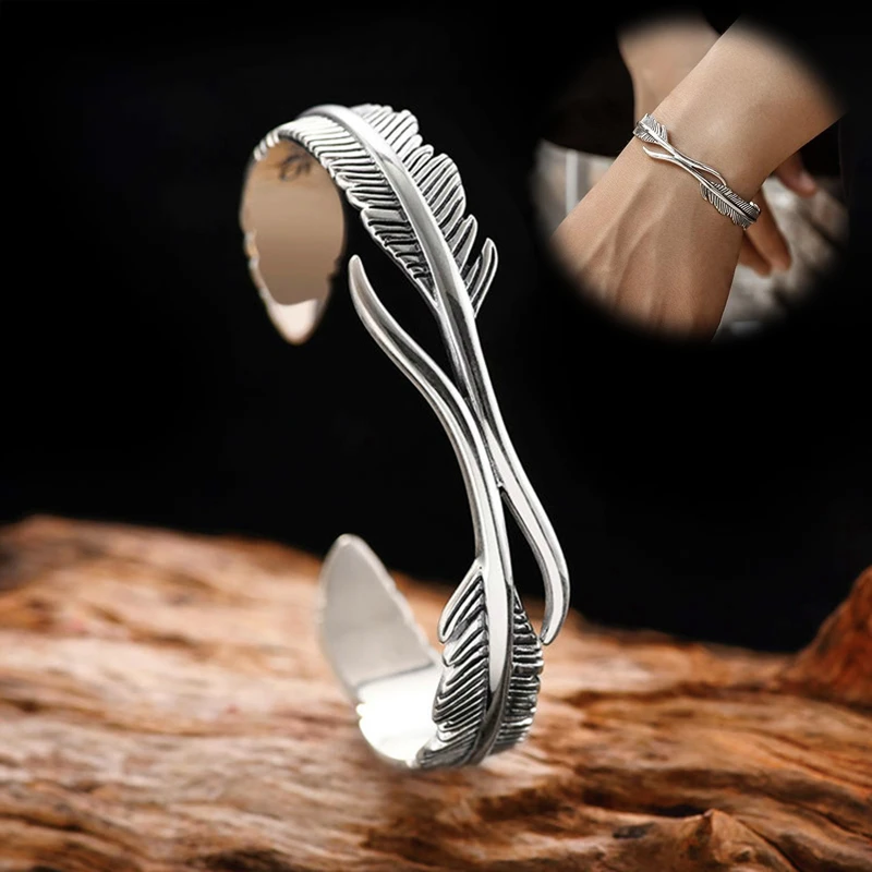 Open Adjustable Tibetan Silver Bangle Feather Shape Cuff Bracelet for Men Women Classic Jewelry Gift Accessories Bangles