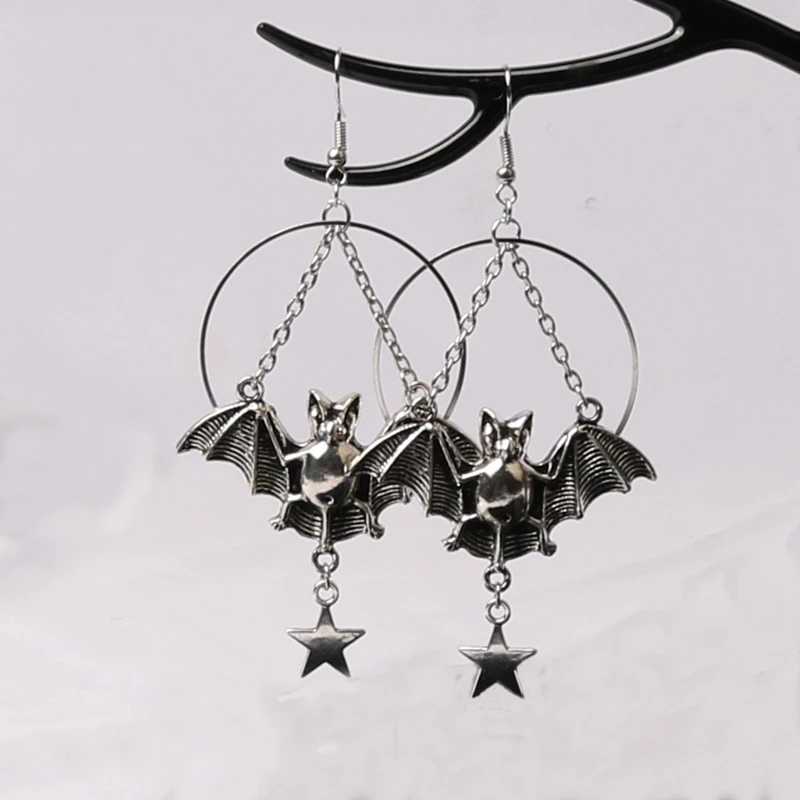 Halloween Moon , Star and Bat Dangle , Star and Bat Earring , Hoops Earrings