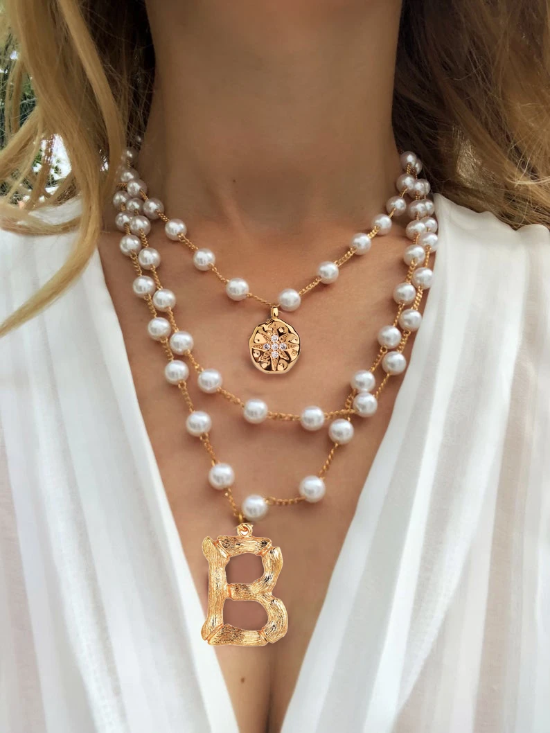 DIY name A-Z Initial Alphabet Pendant 26 Letter Necklace Cubic Zirconia Women's unique charms Triple Pearls Necklace Jewels