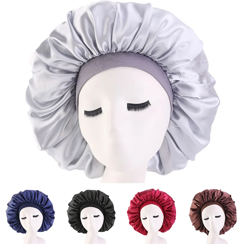 Fashion Women Satin Night Sleep Cap Hair Bonnet Hat Silk Head Cover Wide Elastic Band 1pcs