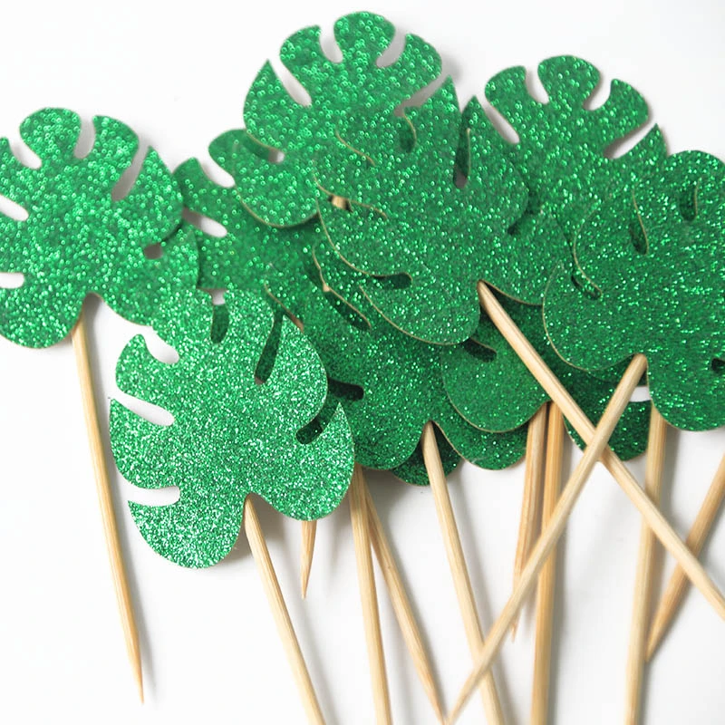 12pcs Jungle Tropical Party Green Leaf Cake Topper Leaves Cupcake Toppers Wild One Birthday Party Baby Shower Cake Decoration