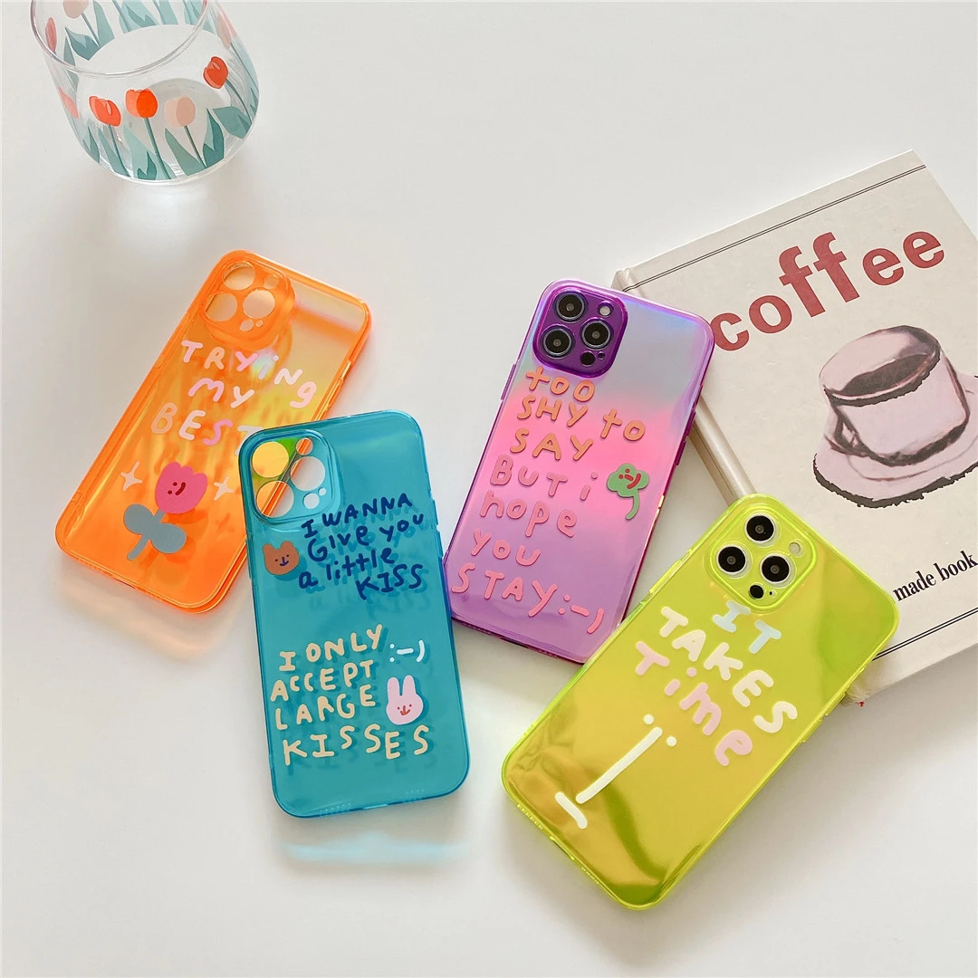 INS Fashion Fluorescent English Cute Letters Phone Case For iPhone 7 8 Plus 11 12 mini Pro X Xs Max Xr Fundas