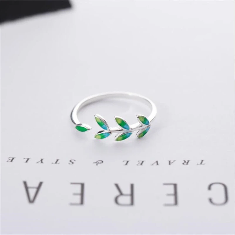 New Arrival Exquisite Green Leaf Epoxy Fashion 925 Sterling Silver Jewelry Atmosphere Creative Leaves Opening Rings R128