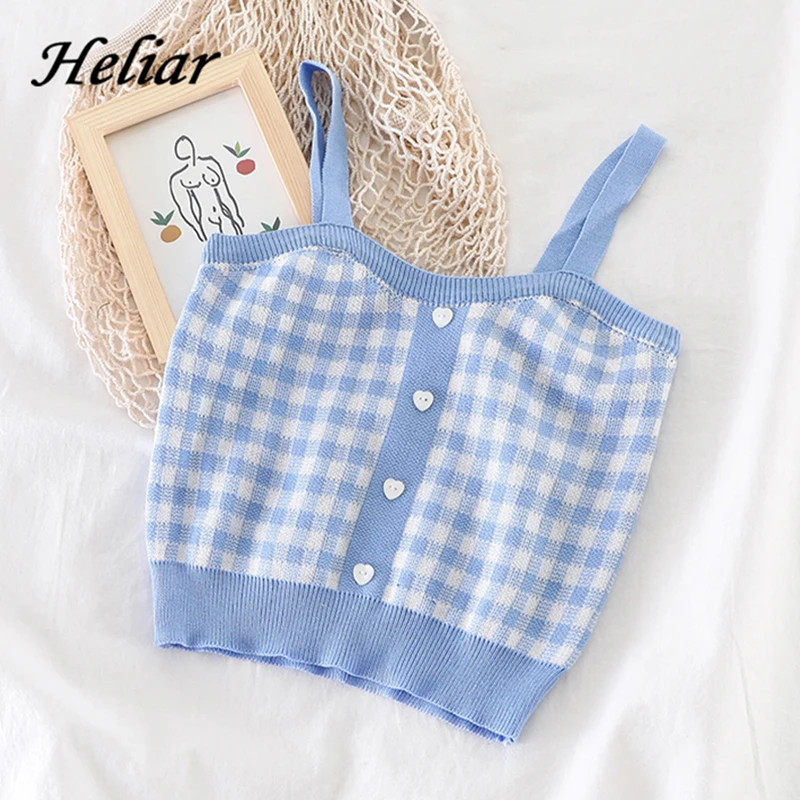 HELIAR Women Knitted Plaid Crop Tops Female Button Up Tops and Camis Blue Camisole Cute Crop Tops Women 2021 Summer